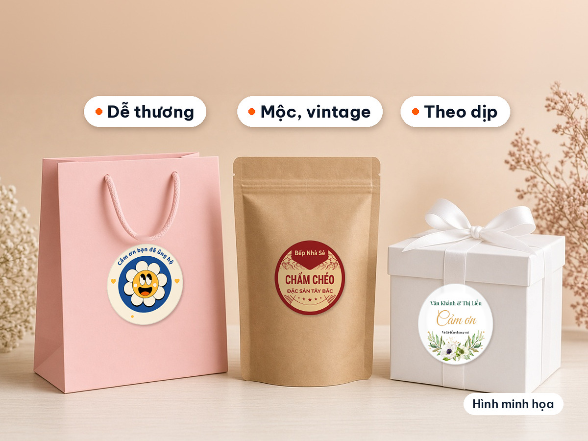 Ba phong cách sticker cảm ơn dán trên túi quà hồng, túi giấy nâu và hộp quà trắng