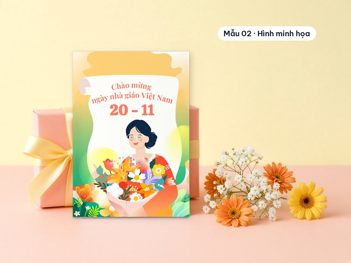 A 20.11 card with a teacher holding a bouquet, propped in front of a pink gift box with a bow, next to gerbera flowers