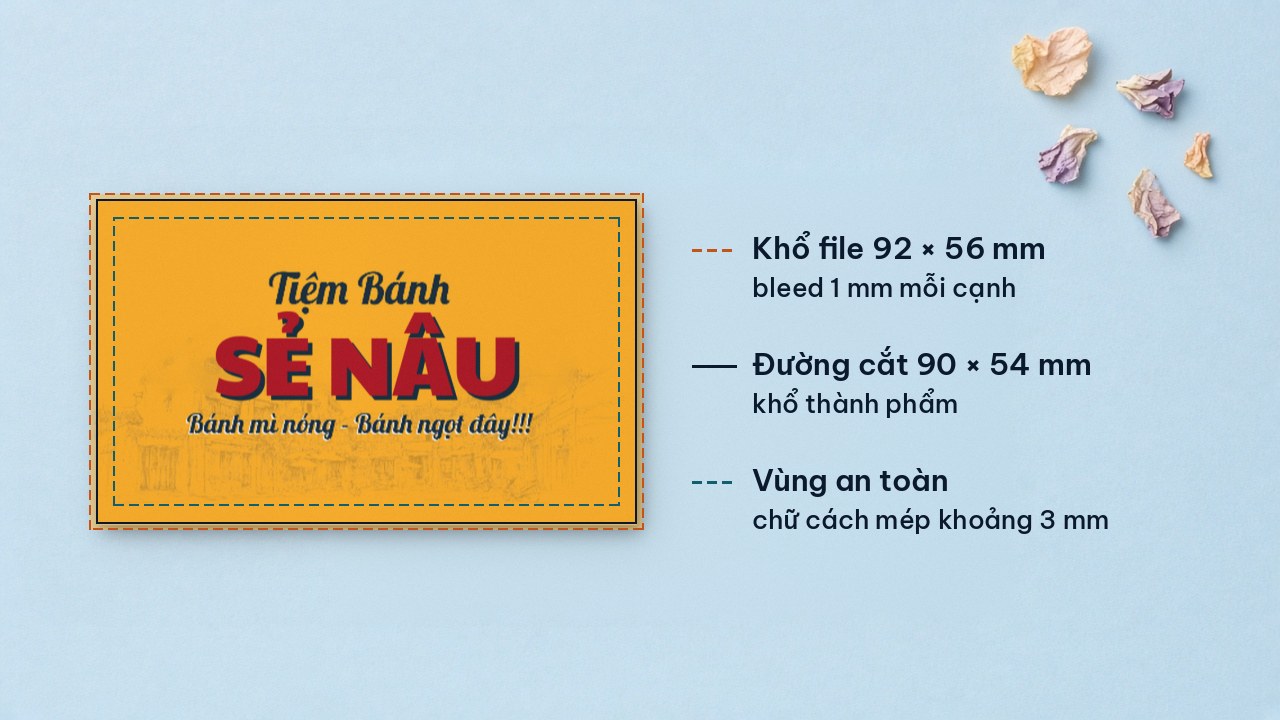 Card visit 90 × 54 mm có đường cắt, phần tràn lề 1 mm và vùng an toàn 3 mm