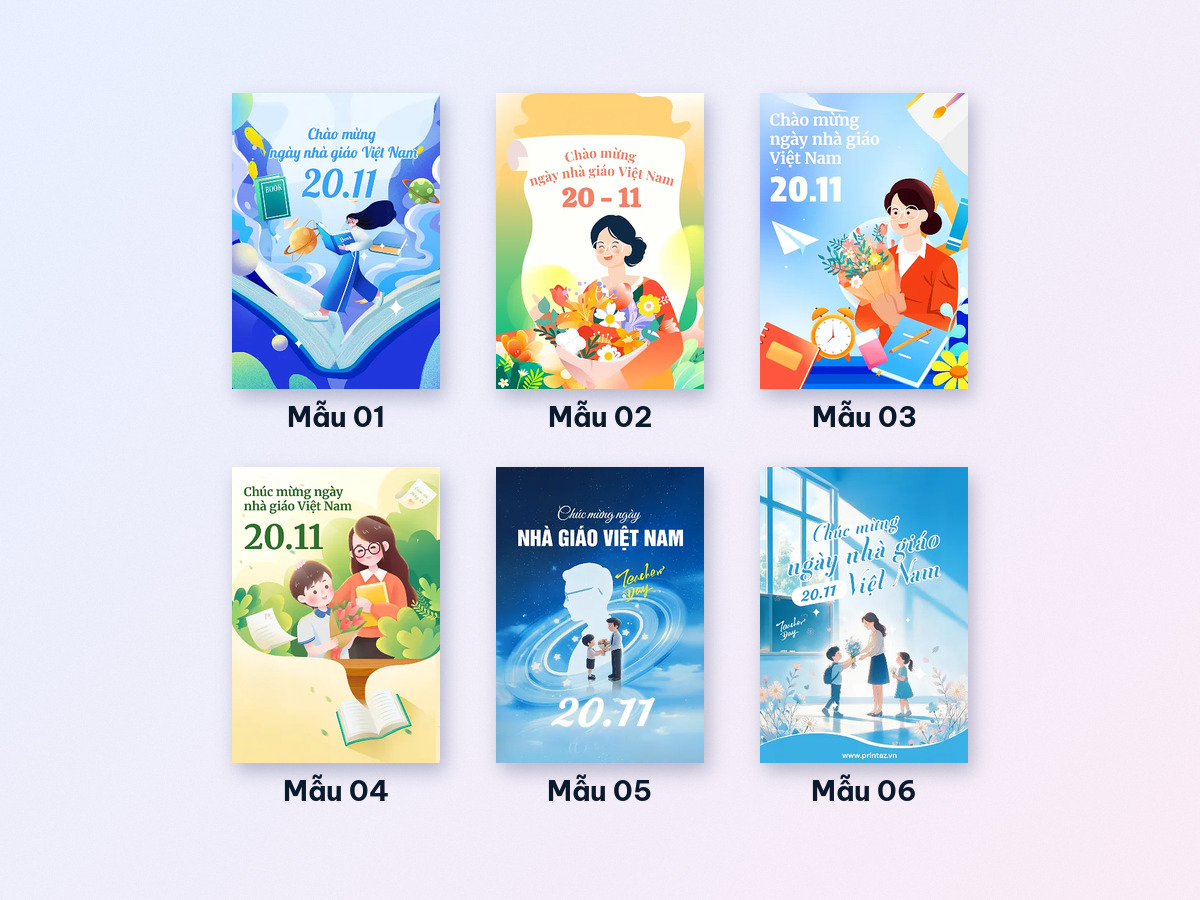 Six Vietnamese Teachers' Day 20.11 greeting card templates laid out in a numbered grid for comparison