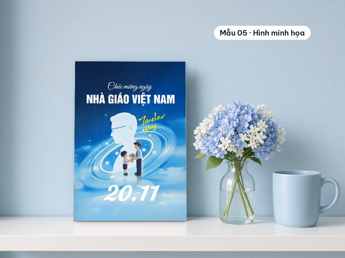 A blue 20.11 card with the words "Nhà giáo Việt Nam" on a shelf next to a vase of hydrangeas