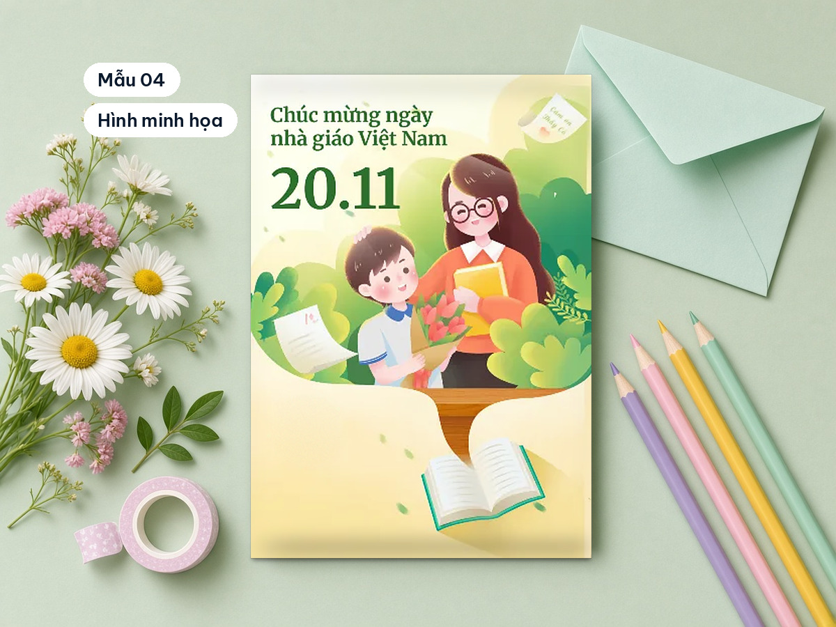 A Teachers' Day card showing a student giving flowers to a teacher, lying flat on a desk with daisies, an envelope and colored pencils