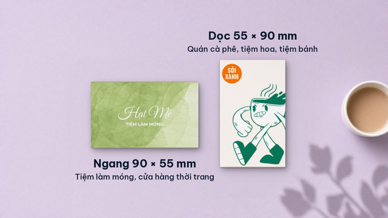 Card visit ngang 90 × 55 mm của tiệm làm móng và card dọc 55 × 90 mm của quán cà phê